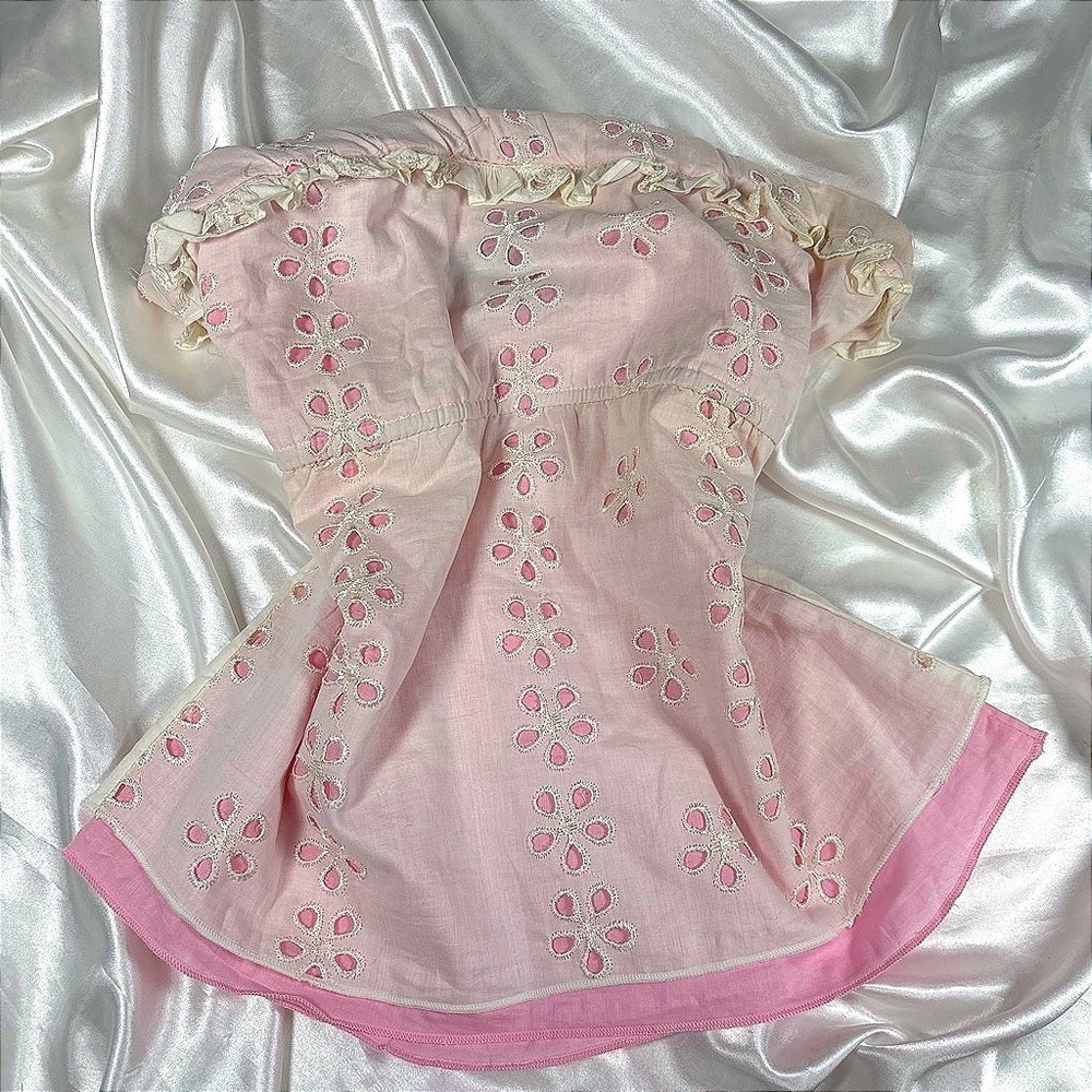 y2k Tube Top Pink Excellent Angie Floral Eyelet Embroidered Ruffle Strapless M
